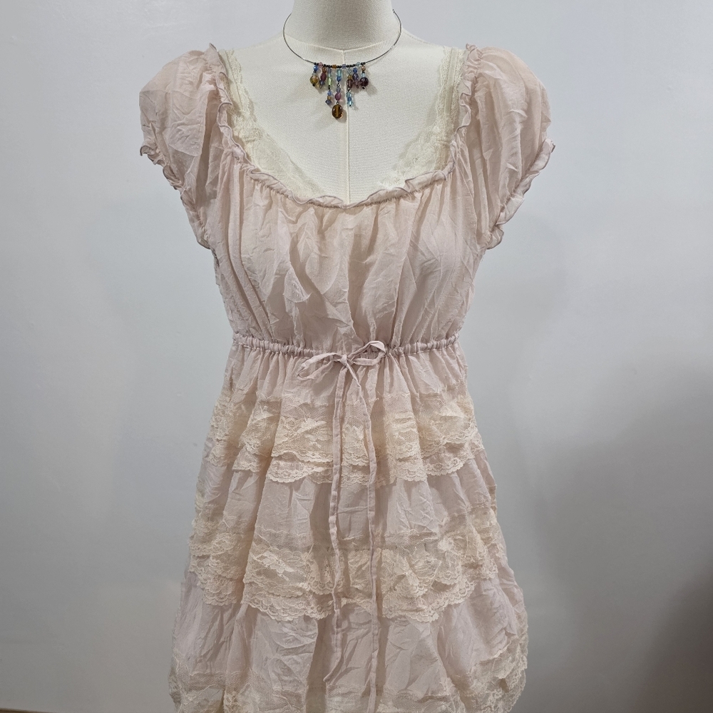 Posset Pot Japanese brand pink lace babydoll layered dress with tie - Picture 7 of 8